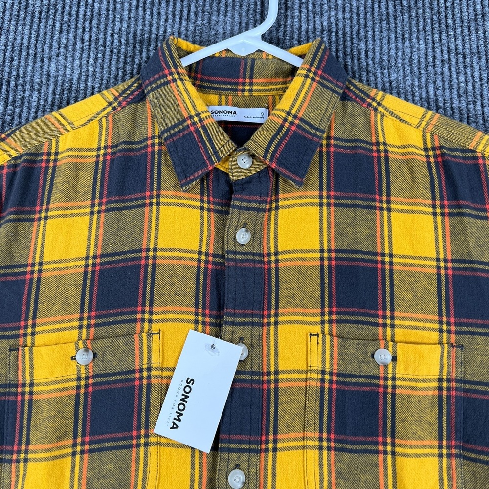 Sonoma Shirt Mens Small Yellow Plaid Flannel Long Sleeve Button Up SuperSoft New